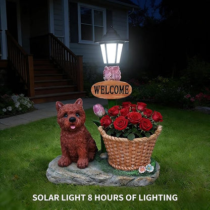 20" Solar Cairn Terrier Garden Statue with Welcome Sign & Planter - Large Dog Sculpture with LED Street Lantern - Weatherproof Resin Decorative Flower Pot for Porch, Yard & Patio - Pet Lover Gift
