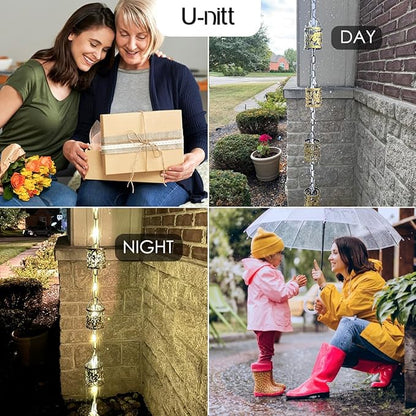 Rain Chain Water Collection for Gutters, Rainwater Catcher & Diverter, 8.5 FT Chains for Outside Garden, Antique Light Up Cups, Roof Downspout, Works with Heavy Rain, w/ Gutter Clip for Rainchains