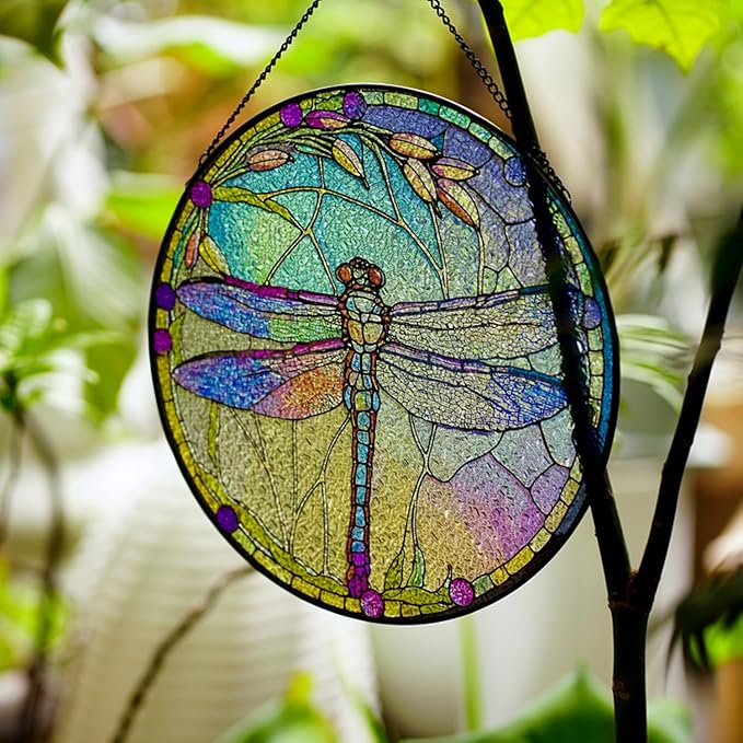 Stained Glass Window Hanging,20cm/7.87inch Dragonfly Hand-Painted Sun Catcher Garden Hangings Christmas Mother's Day, Valentine's Day Ornaments Festival Gift (C Style)