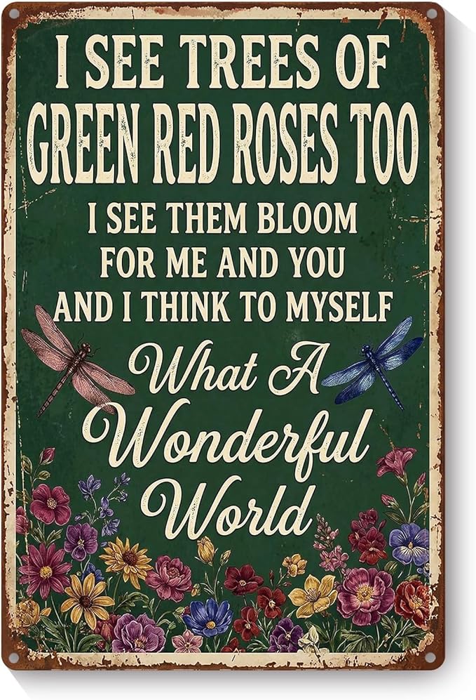 Vintage Metal Garden Sign, What A Wonderful World Wall Decor, Gardening Gifts for Women, Home Patio Yard Art, 8 x 12 Inches