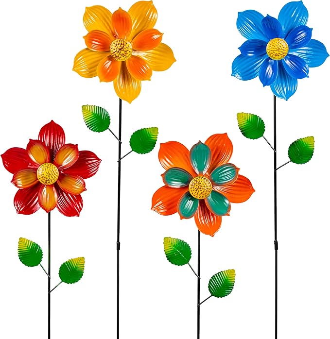 4 Pcs Wind Spinners Outdoor, Small Metal Flower Windmill, Colorful Pinwheels Decorative Floral Garden Stakes for Yard Patio Lawn Garden Decor, 27 x 6 Inches