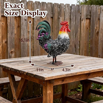 Metal Rooster Statue Chicken Decor, Rustic Farmhouse Spring Garden Yard Art, Weather Resistant Outdoor Sculpture for Patio Lawn Backyard, Ideal for Home Kitchen Decor