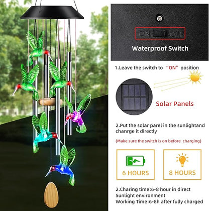 DesGully Wind Chimes,Hummingbird Solar Wind Chimes for Outside,Aluminum Tubes Memorial Wind Bell for Garden/Patio Decor Thanksgiving Gifts for Mom, Wife, Grandma Neighbors(25 Inch Deep Tone)