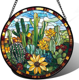 Stained Glass Window Hanging Green Cactus with Yellow Flowers Large 15" - Suncatcher Door Garden Sun Catcher Home Decor Birthday Christmas for Mom Men Woman Friend Nana