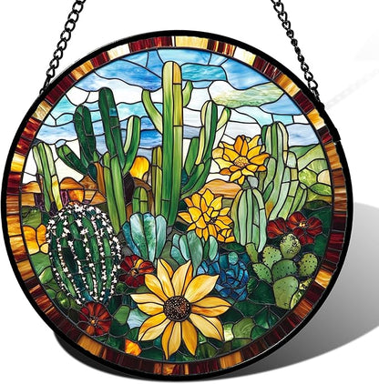 Stained Glass Window Hanging Green Cactus with Yellow Flowers Large 15" - Suncatcher Door Garden Sun Catcher Home Decor Birthday Christmas for Mom Men Woman Friend Nana