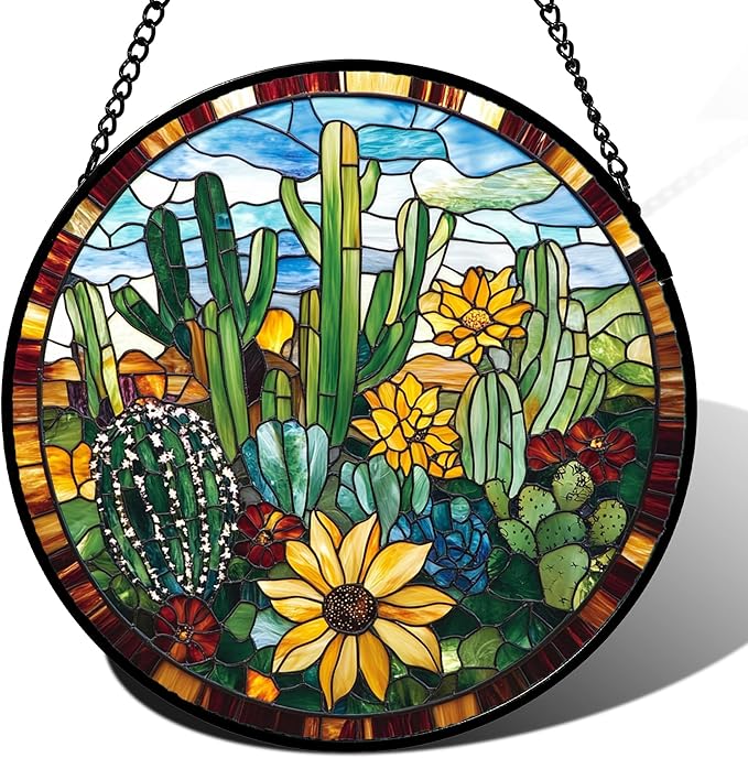 Stained Glass Window Hanging Green Cactus with Yellow Flowers 7.8" - Suncatcher Door Garden Sun Catcher Home Decor Birthday Christmas for Mom Men Woman Friend Nana