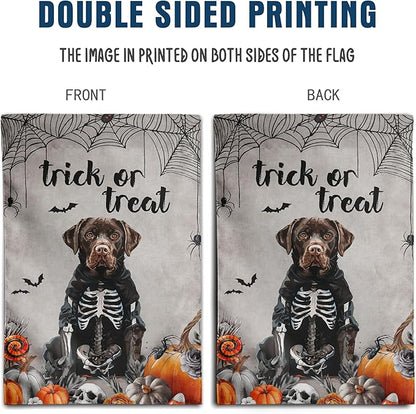 Halloween Chocolate Lab Garden Flag Trick or Treat Yard Flag Ghost Labrador Dog Garden Flags for Outside 12x18 Double Sided Mini Skeleton Halloween Decor Outdoor Lawn Welcome Flag