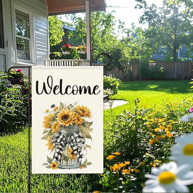 Spring Sunflower Garden Flag for Outside,Welcome Spring Garden Flag Yard Lawn Porch Flags for Outdoor Decorations 12x18 Inch Double Sided