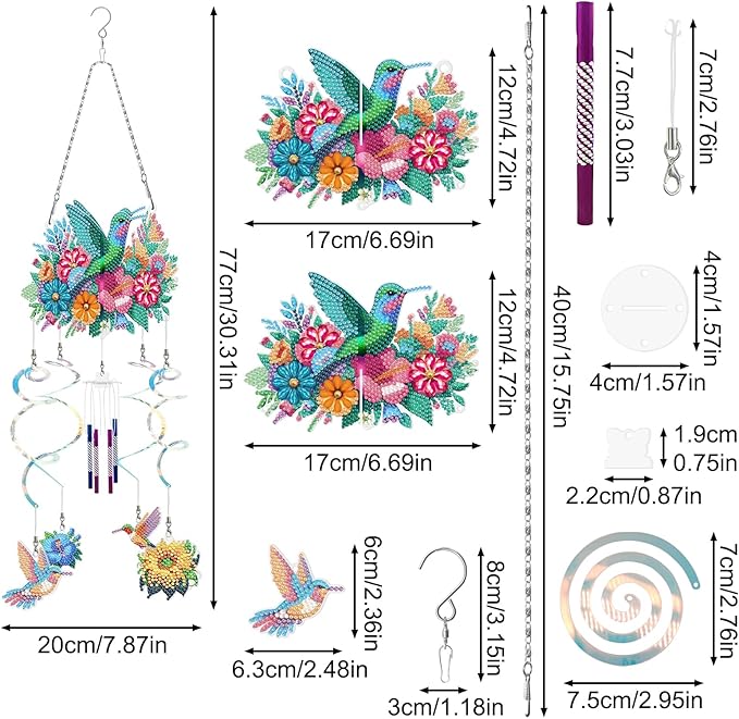 DIY Wind Chime Pendant Spring 3D Diamond Art Painting Hanging Ornament Double Sided Diamond Suncatchers for Window Home Backyard Garden Wall Door Decor-Hummingbird