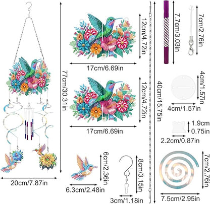 DIY Wind Chime Pendant Spring 3D Diamond Art Painting Hanging Ornament Double Sided Diamond Suncatchers for Window Home Backyard Garden Wall Door Decor-Hummingbird