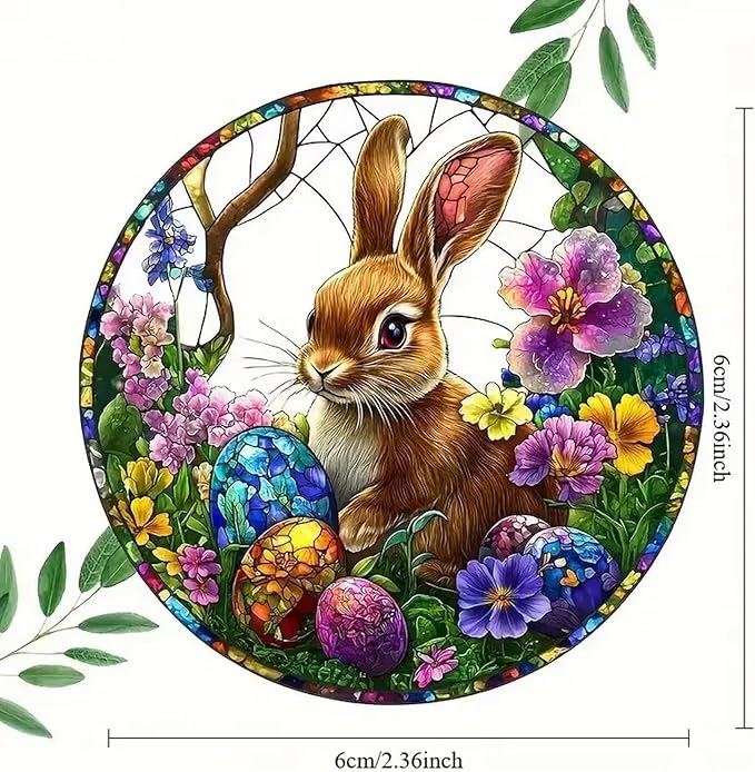Easter Sun Catcher for Window Hanging Cute Bunny with Floral Designs Colorful Ornament Full Cover Acrylic Stained Glass for Garden Rabbit Suncatcher Room Party Decor Easter Gift