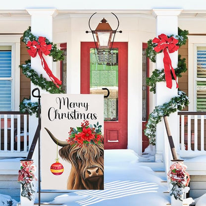 Merry Christmas Garden Flag Highland Cow with Santa Ball Premium Yard Flags Red Holly Flowers Double Sided House Banners Xmas Cows Seasonal Happy Holiday Farmhouse Banner 12x18 Inch