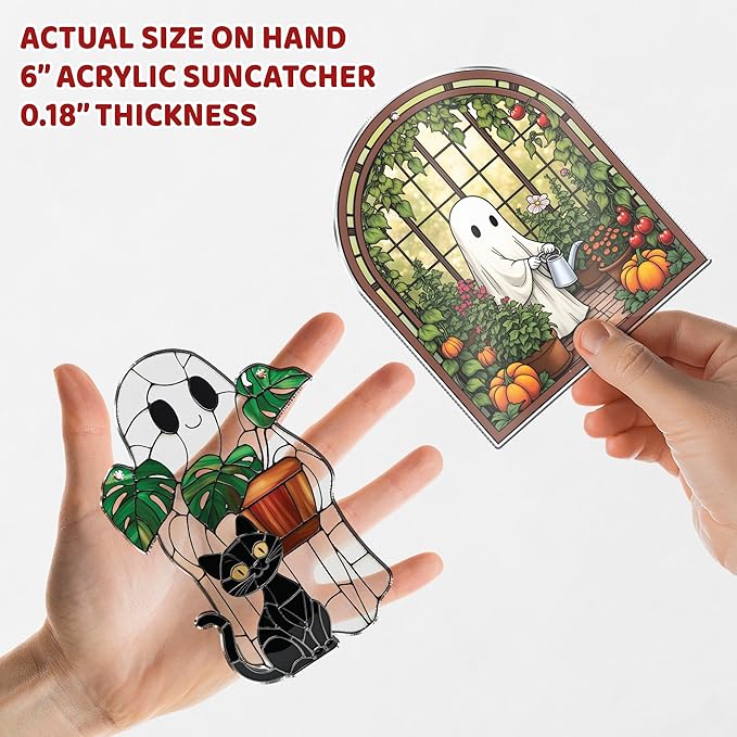 2 Cute Halloween Suncatcher Decorations, 6" Spooky Cute Ghost Plant Window Hangings, Ghost with Black Cat Greenhouse, Pumpkin Ornaments Home Garden, Gifts for Plant Lovers, Women
