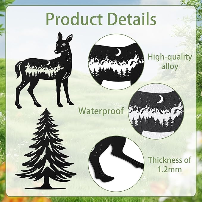 Romart Deer and Pine Tree Decorative Garden Stakes, 4 Pcs Forest Silhouette Metal Garden Stakes for Outdoor Yard Lawn Decor, Christmas for Nature Lovers