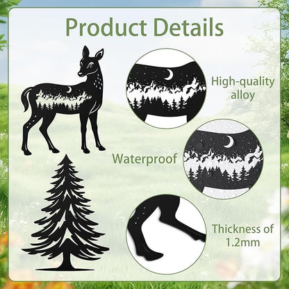 Romart Deer and Pine Tree Decorative Garden Stakes, 4 Pcs Forest Silhouette Metal Garden Stakes for Outdoor Yard Lawn Decor, Christmas for Nature Lovers