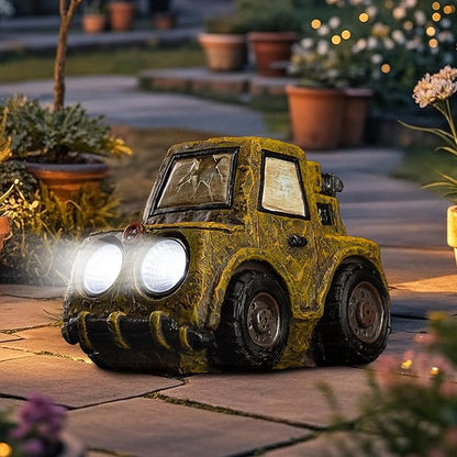 Etlemonde Garden Statue Outdoor Solar Car Decor with LED Light Vintage Resin Sculpture Truck Rustic Decoration for Lawn Patio Yard Gifts for Women