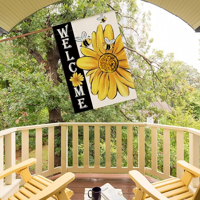 AVOIN colorlife Spring Summer Bee Sunflower House Flag 28x40 Inch Double Sided, Welcome Holiday Yard Outdoor Decoration