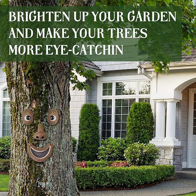 Hollowfly Tree Face Decor Outdoor Tree Faces Trees Yard Art Statues Garden Cute Funny Creative Decoration for Indoors Outdoor Garden Decoration(Smiling Style)