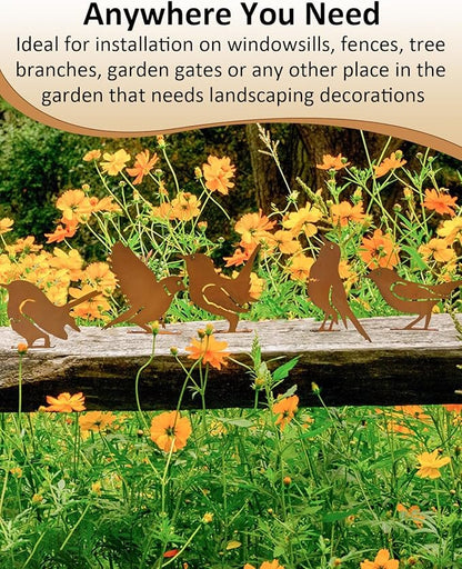 Rusty Birds Decoration, Metal Bird Craft Statue Ornaments Fence Topper Decor, Lifelike Patina Bird Decor Outdoor Ornaments Silhouette, Garden Fence Country Yard Art Gardening, Iron Material (5 Pcs)