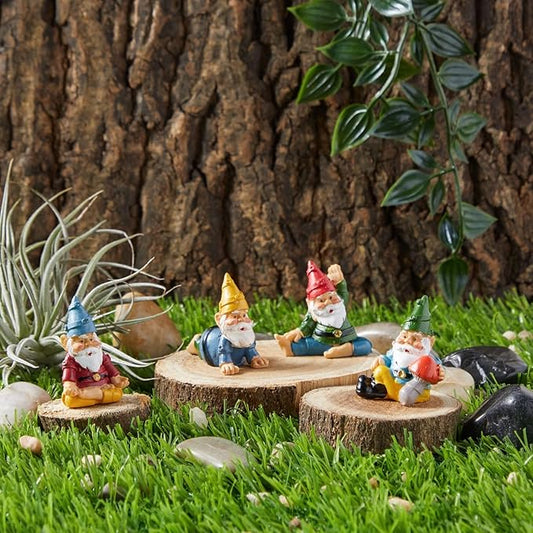 Juvale 4 Pieces Mini Garden Gnomes, Outdoor Statue Set in Funny Poses for Yoga Gifts, Plant Pots Decor (2 in)