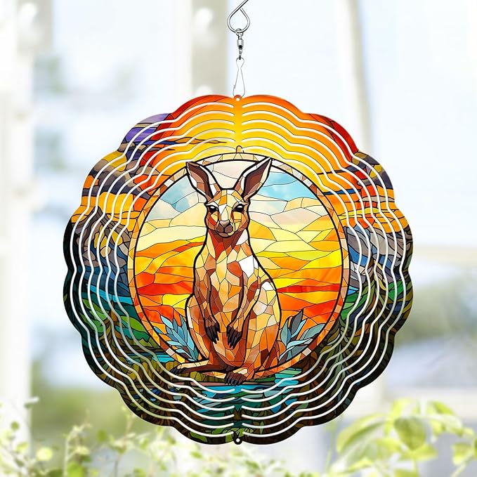 Kangaroo Wind Spinner, Kangaroo Stained Glass Wind Spinner, Wind Sculpture Kangaroo Wind Spinners for Garden Patio Yard Decor
