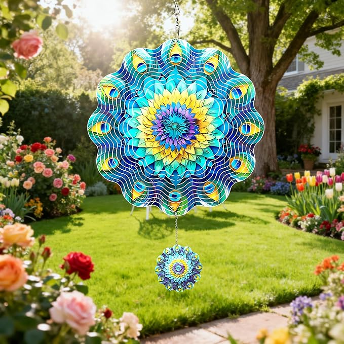 MXJSUA Mandala Wind Spinners for Indoor Outdoor Garden Decoration, 12 Inch Mandala Flowers Stainless Steel Hanging Wind Spinners Ornaments Crafts for Gifts