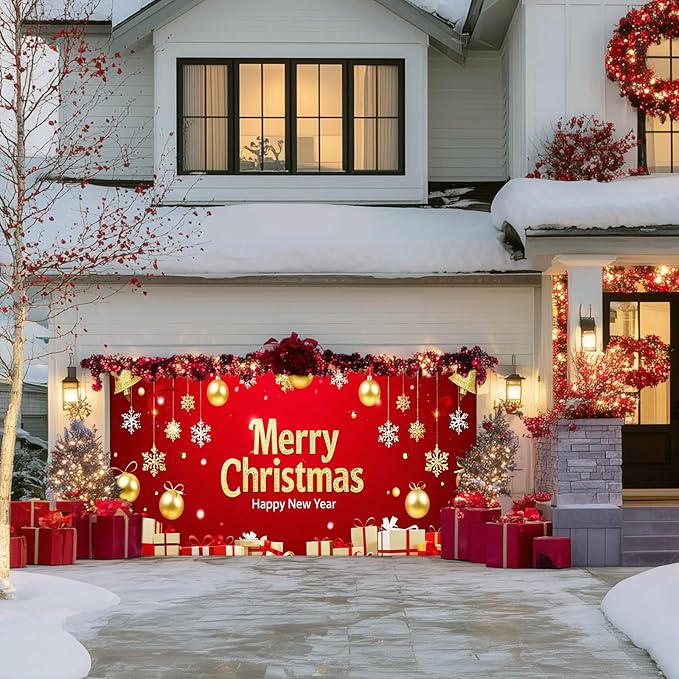 IVN Christmas Garage Door Cover Decoration 13x6ft Red and Gold Ornaments Snowflakes and Gift Boxes Merry Christmas Winter Garage Door Banner Home Door Front Yard Decor for Xmas Eve Holiday Outdoor
