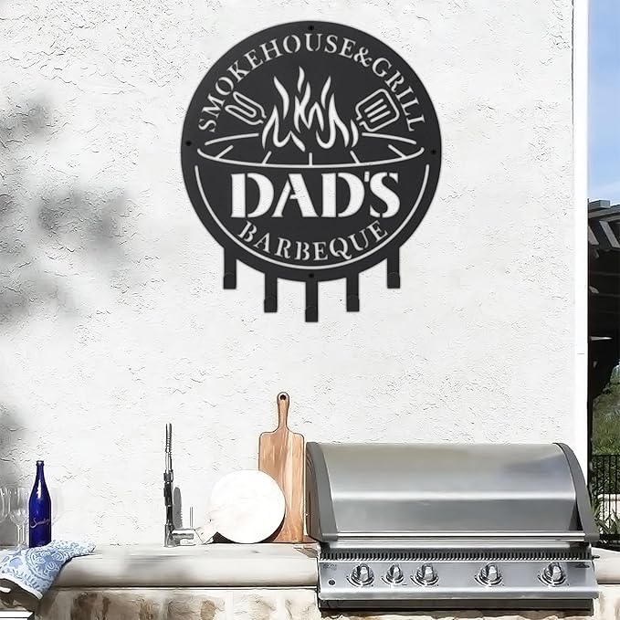 Qmetalart Metal BBQ Sign with Utensil Hangers Smokehouse Wall Art for Outdoor Grill Area Patio Backyard Decor Barbecue Grill Gift for Dad, Grandpa, Papa - Father’s Day Gift