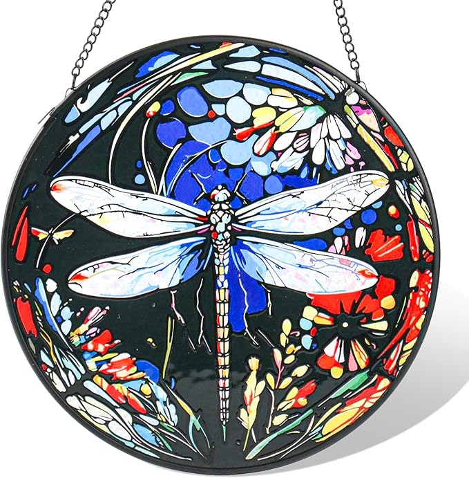 Stained Glass Window Hanging - Dragonfly Suncatcher for Door Terrace Garden Kitchen Home Decor, Sun Catchers Decoration for Christmas, Mother's Day and Birthday Gifts for Women, Men, and Mom 6.3 in
