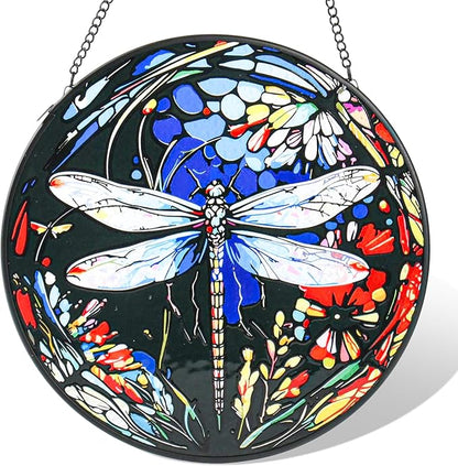 Stained Glass Window Hanging - Dragonfly Suncatcher for Door Terrace Garden Kitchen Home Decor, Sun Catchers Decoration for Christmas, Mother's Day and Birthday Gifts for Women, Men, and Mom 9.8 in