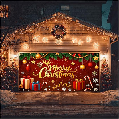 HOMETITUTE Christmas Garage Door Cover 13x6ft Merry Christmas Gold Letters Red Bow Green Pine Seasonal Banner Outdoor Indoor Holiday Decoration Winter Party Backdrop Gift Boxes Candy Cane Wall