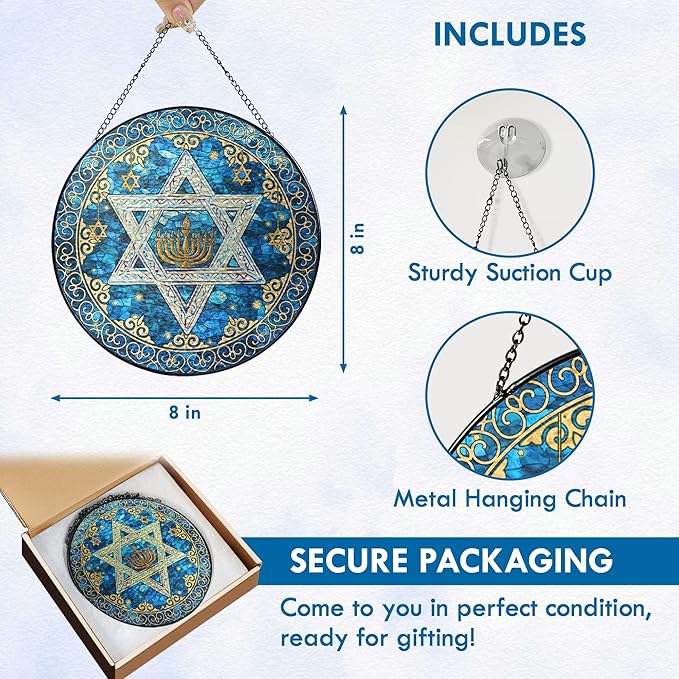 FLAGWIX Hanukkah Gifts for Women Men - Star of David Stained Glass Window Hanging 8 in - Hanukkah Sun Catcher Hanging Decor, Chanukah Suncatchers for Garden Decor, Religious Spiritual Gifts for Mom
