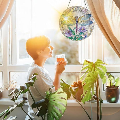 Bimkole Dragonfly Stained Glass Suncatcher Window Hanging - Flower Indoor Window or Doorway Decoration - Handmade Sun Catcher Decor for Garden Home Christmas & Birthday Gifts 7.87x7.87 inch