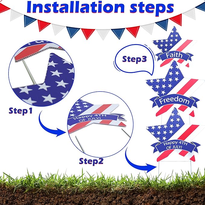 11 Pcs Independence Day Yard Signs(2 Eagles+9 Stars), 4th of July Patriotic Outdoor Decorations, Memorial Day Pentagram(Red White Blue) Garden Sign with Stakes for Fourth of July Celebration