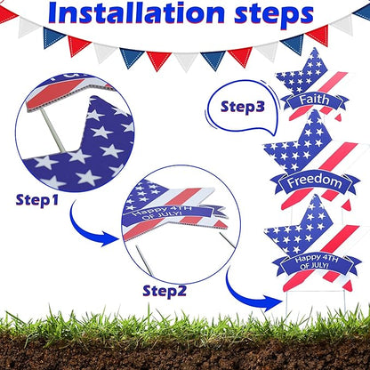 11 Pcs Independence Day Yard Signs(2 Eagles+9 Stars), 4th of July Patriotic Outdoor Decorations, Memorial Day Pentagram(Red White Blue) Garden Sign with Stakes for Fourth of July Celebration