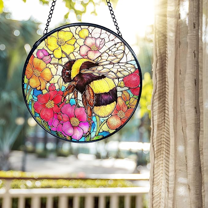 kdqua Bee Floral Suncatcher Stained Glass Window Hanging, Colorful Floral Bumblebee Sun Catchers Indoor Window Glass Round Wall Decor, Bee Wall Art Hanging Decorations Statues, 7.9x7.9in