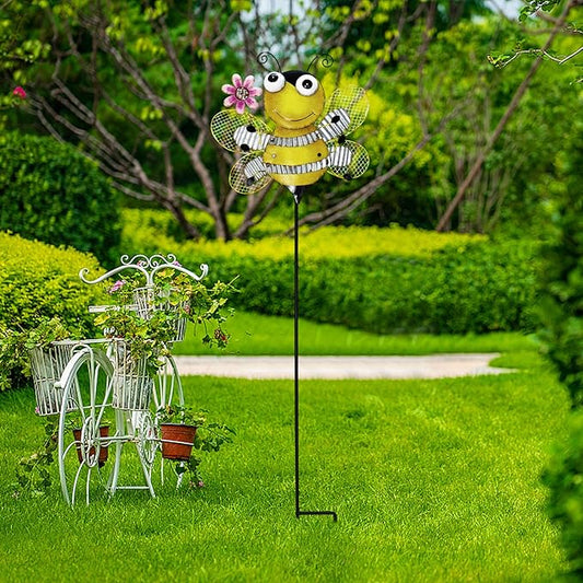 Garden Decor Metal Yard Stakes Spring Lawn Art Decorative Plant Stake Indoor Outdoor Ornaments Decoration for Patio Pathway Backyard (Bee)