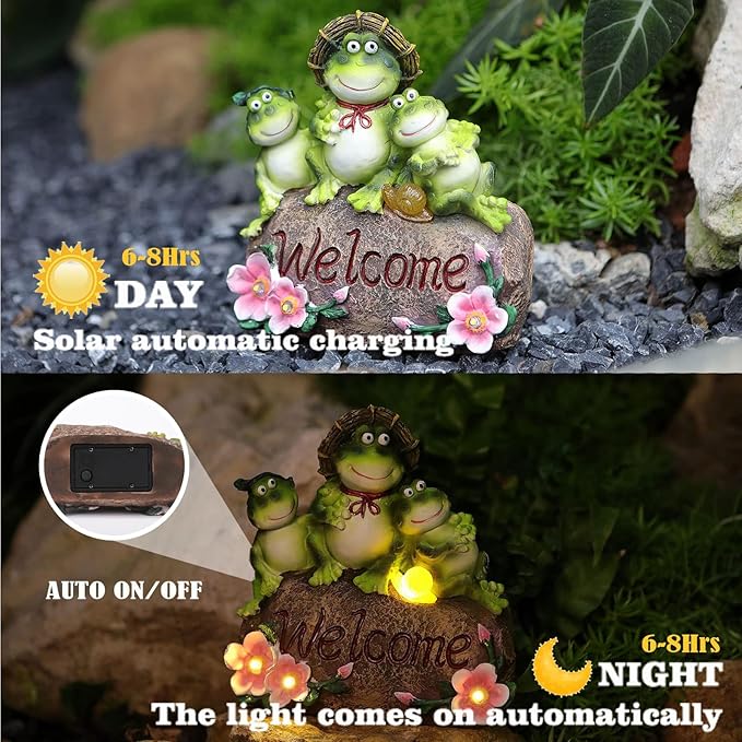 Funny Frog Statues for Garden - 7'' Mom & Babys Solar Frog Garden Decor Frog Garden Statue for Yard Patio Porch Lawn Birthday Mother's Day Housewarming Outdoor Decor Gifts for Women Mom.