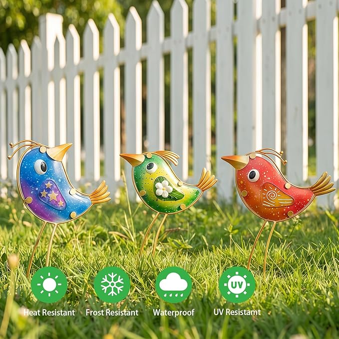 HONGLAND Garden Decor, Set of 3 Funny Metal & Glass Bird Statues for Indoor Outdoor, Colorful Yard Art with Hand-Painted Glass, Gift for Home Garden Decorations
