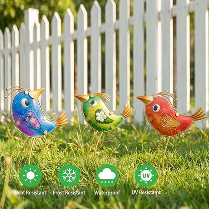 HONGLAND Garden Decor, Set of 3 Funny Metal & Glass Bird Statues for Indoor Outdoor, Colorful Yard Art with Hand-Painted Glass, Gift for Home Garden Decorations