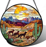 CHATYOUNG Stained Glass Window Hanging Sunset Desert Landscape Wolf 9.8" - Suncatcher Door Garden Sunroom Sun Catcher Home Decor Birthday Father's Day Christmas for Mom Woman Nana Men Friend