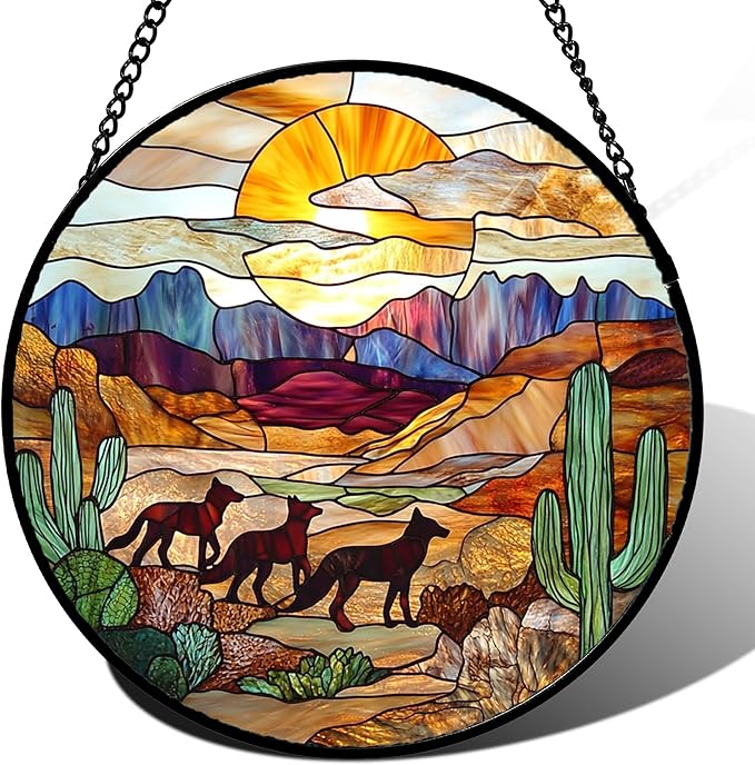CHATYOUNG Stained Glass Window Hanging Sunset Desert Landscape Wolf 7.8" - Suncatcher Door Garden Sunroom Sun Catcher Home Decor Birthday Father's Day Christmas for Mom Woman Nana Men Friend