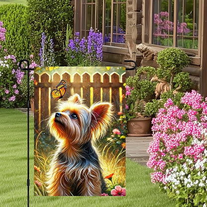 BlissYard Spring Summer Garden Flag 12x18 Inch Dog Flag Double Sided Yorkshire Terrier Butterfly Garden Flags Outdoor Yard Lawn Porch Patio Decor Banner for Pet Lovers