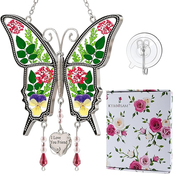 KY&BOSAM Gifts for Women I Love You Friend Butterfly Suncatcher with Pressed Real Flower Stained Glass Suncatchers for Window Hanging Wind Chime Decor Brithday Gift for Friend Mothers Day