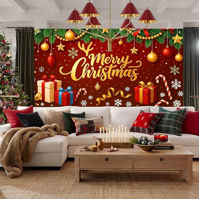 HOMETITUTE Christmas Garage Door Cover 13x6ft Merry Christmas Gold Letters Red Bow Green Pine Seasonal Banner Outdoor Indoor Holiday Decoration Winter Party Backdrop Gift Boxes Candy Cane Wall