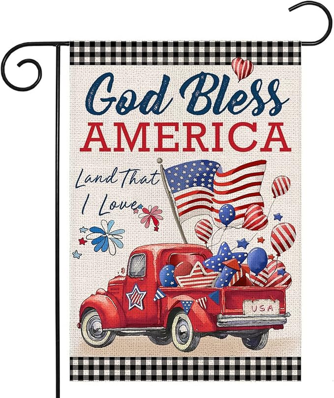 4th of July Garden Flags for Outside,Patriotic American Truck with Buffalo Plaid Small Yard Flags for Outdoor, Memorial Day Decorations for Holiday Summer 250th USA Anniversary 12x18 Inch Double Sided