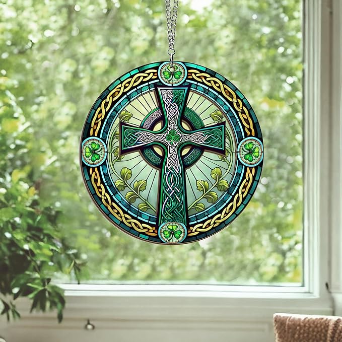FLAGWIX St Patricks Day Decorations - Saint Patricks Day Decor, Double Layered Hanging Suncatcher 12 inch, Shamrock Celtic Cross for Home Window Garden - Irish Gifts for Men Women Friends Family