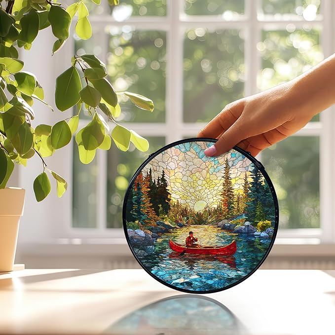 Lake Landscape Suncatchers Stained Glass Window Hanging, Nature Canoeing Man Lake Sun Catchers Indoor Window Glass Round Wall Decor, Lakehouse Wall Hanging Decorations, 7.9x7.9in