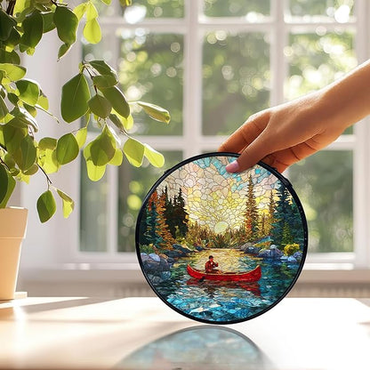 Lake Landscape Suncatchers Stained Glass Window Hanging, Nature Canoeing Man Lake Sun Catchers Indoor Window Glass Round Wall Decor, Lakehouse Wall Hanging Decorations, 7.9x7.9in