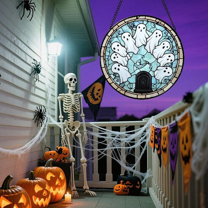 Stained Glass Window Hanging - Halloween Decorations Ghosts Tombstones Suncatcher for Doors Garden Indoor Spooky Funny Sun Catchers Gothic Decor Horror Gifts for Women Men Friend 6.3 in